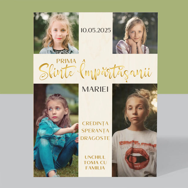 Colaj De Fotografii: Primei Sfinte Împărtășanii Cruce - Imprimare Pe Lemn ( Verticală)