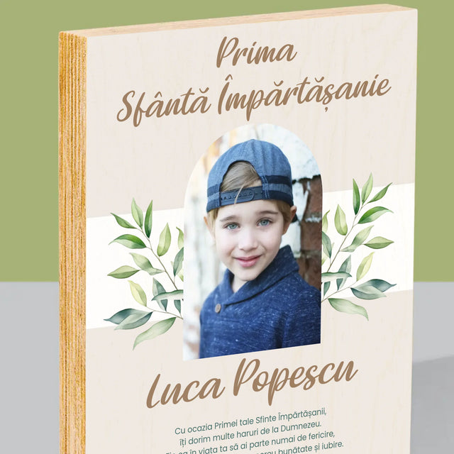 Fotografie Si Semnătură: Felicitări Cu Ocazia Primei Sfinte Împărtășanii - Imprimare Pe Lemn ( Verticală)