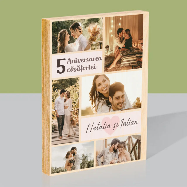 Colaj De Fotografii: A 5-A Aniversare A Nunții - Imprimare Pe Lemn ( Verticală)