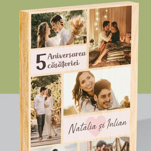 Colaj De Fotografii: A 5-A Aniversare A Nunții - Imprimare Pe Lemn ( Verticală)