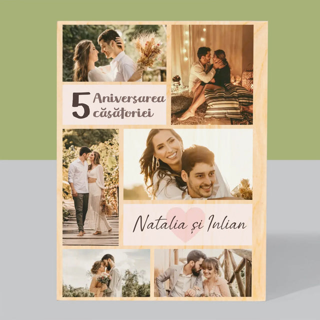 Colaj De Fotografii: A 5-A Aniversare A Nunții - Imprimare Pe Lemn ( Verticală)