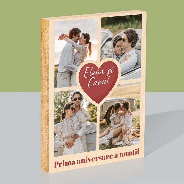 Colaj De Fotografii: Prima Aniversare A Nunții – Inimă - Imprimare Pe Lemn ( Verticală)