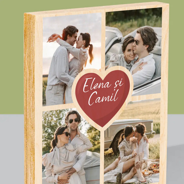 Colaj De Fotografii: Prima Aniversare A Nunții – Inimă - Imprimare Pe Lemn ( Verticală)