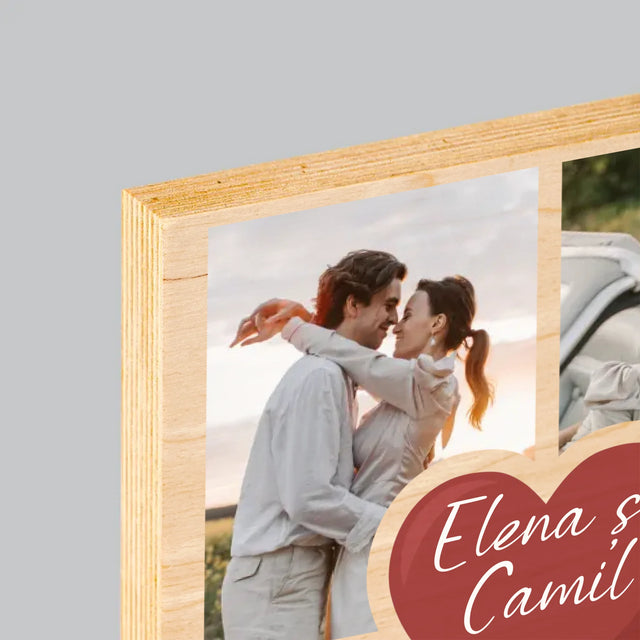 Colaj De Fotografii: Prima Aniversare A Nunții – Inimă - Imprimare Pe Lemn ( Verticală)