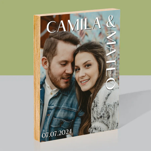 Fotografie Si Semnătură: Nume Nuntă - Imprimare Pe Lemn ( Verticală)