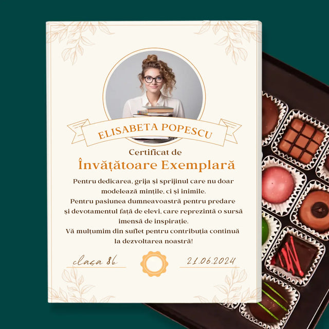 Fotografie Si Semnătură: Certificat De Învățătoare Exemplară - Praline