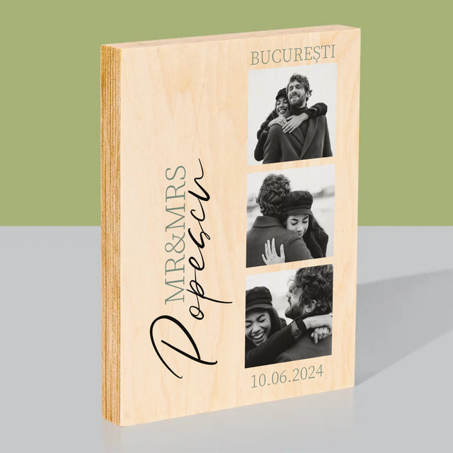 Colaj De Fotografii: Mr&Mrs Nunta - Imprimare Pe Lemn ( Verticală)