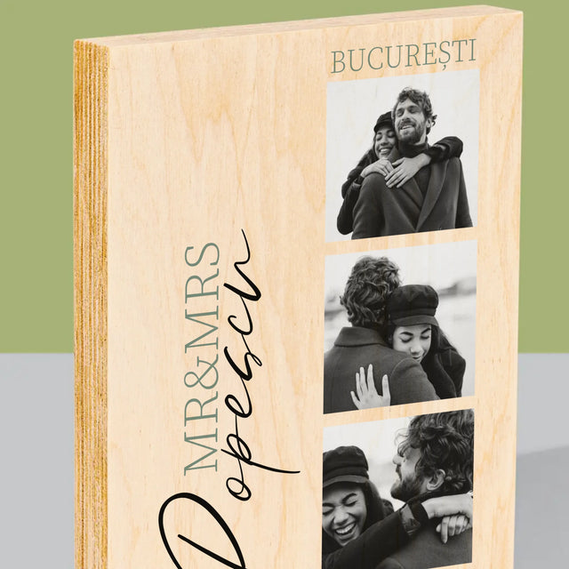 Colaj De Fotografii: Mr&Mrs Nunta - Imprimare Pe Lemn ( Verticală)