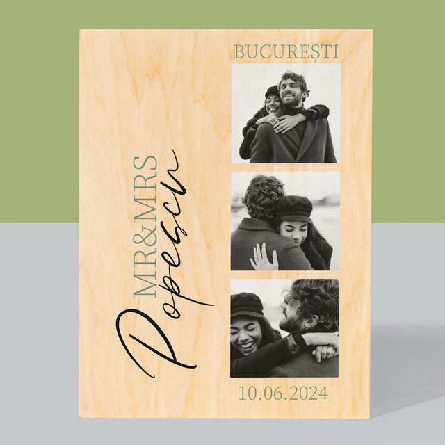 Colaj De Fotografii: Mr&Mrs Nunta - Imprimare Pe Lemn ( Verticală)