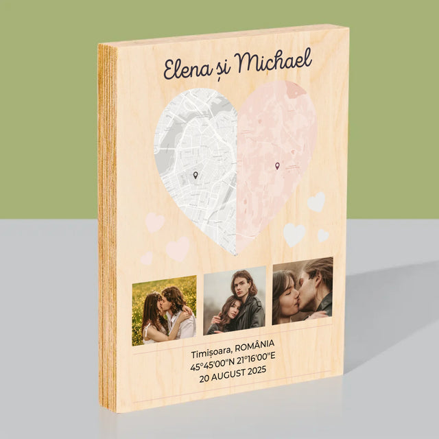 Harta Oraș: Două Jumătăți De Inimă - Imprimare Pe Lemn ( Verticală)