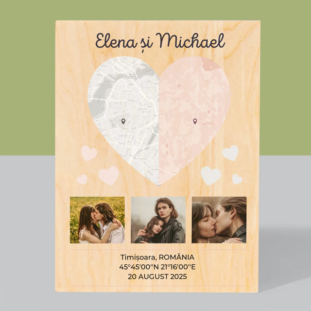 Harta Oraș: Două Jumătăți De Inimă - Imprimare Pe Lemn ( Verticală)