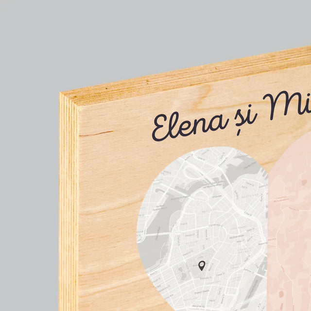 Harta Oraș: Două Jumătăți De Inimă - Imprimare Pe Lemn ( Verticală)