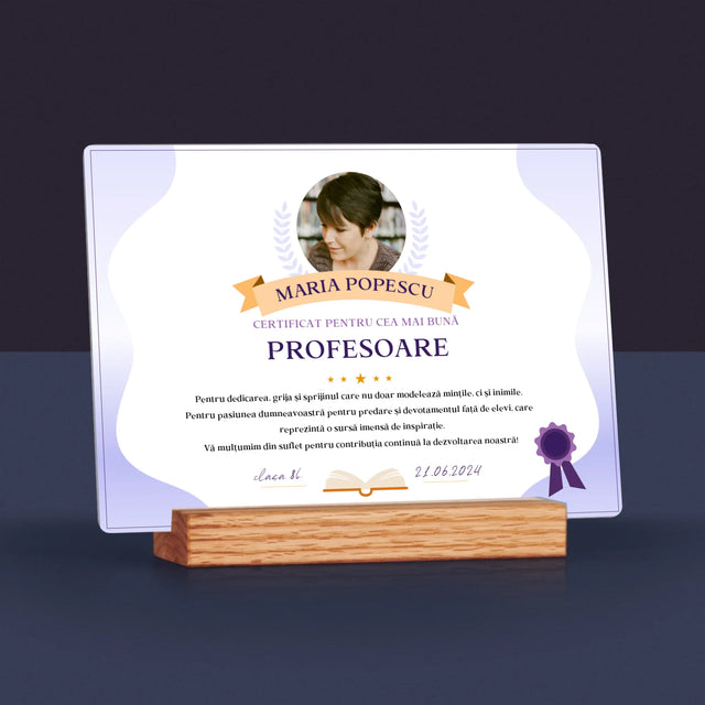Fotografie Si Semnătură: Certificat De Recunoștință Pentru Cea Mai Bună Învățătoare - Imprimare Pe Sticlă Acrilică (Horizontală)