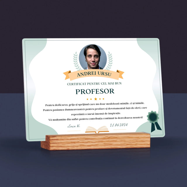 Fotografie Si Semnătură: Certificat De Recunoștință Pentru Cea Mai Bună Învățătoare - Imprimare Pe Sticlă Acrilică (Horizontală)