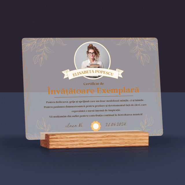 Fotografie Si Semnătură: Certificat De Învățătoare Exemplară - Imprimare Pe Sticlă Acrilică (Horizontală)