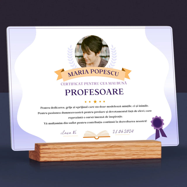 Fotografie Si Semnătură: Certificat De Recunoștință Pentru Cea Mai Bună Învățătoare - Imprimare Pe Sticlă Acrilică (Horizontală)