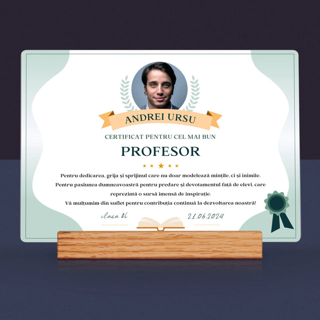 Fotografie Si Semnătură: Certificat De Recunoștință Pentru Cea Mai Bună Învățătoare - Imprimare Pe Sticlă Acrilică (Horizontală)