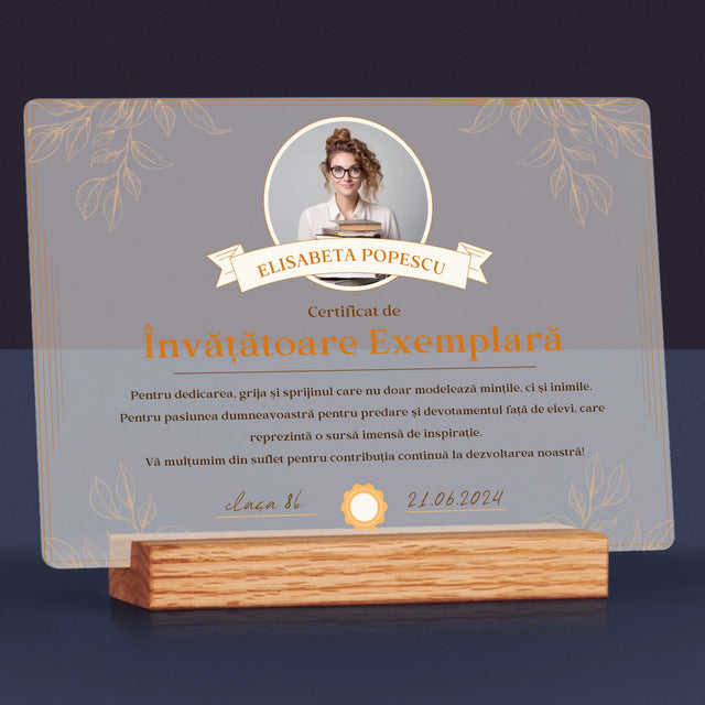 Fotografie Si Semnătură: Certificat De Învățătoare Exemplară - Imprimare Pe Sticlă Acrilică (Horizontală)