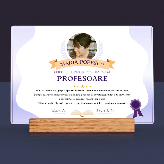 Fotografie Si Semnătură: Certificat De Recunoștință Pentru Cea Mai Bună Învățătoare - Imprimare Pe Sticlă Acrilică (Horizontală)
