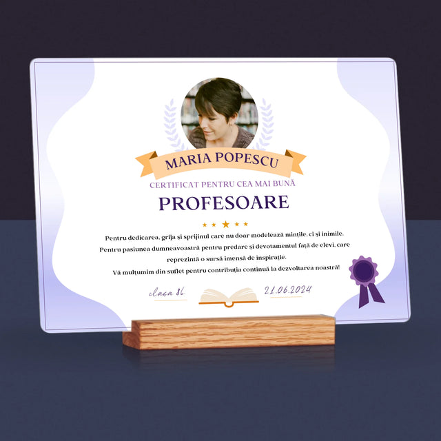Fotografie Si Semnătură: Certificat De Recunoștință Pentru Cea Mai Bună Învățătoare - Imprimare Pe Sticlă Acrilică (Horizontală)