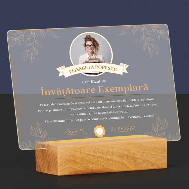 Fotografie Si Semnătură: Certificat De Învățătoare Exemplară - Imprimare Pe Sticlă Acrilică (Horizontală)