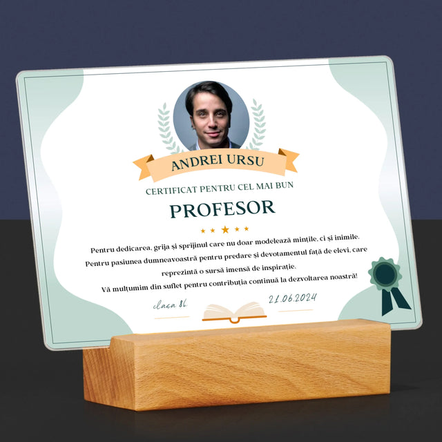 Fotografie Si Semnătură: Certificat De Recunoștință Pentru Cea Mai Bună Învățătoare - Imprimare Pe Sticlă Acrilică (Horizontală)