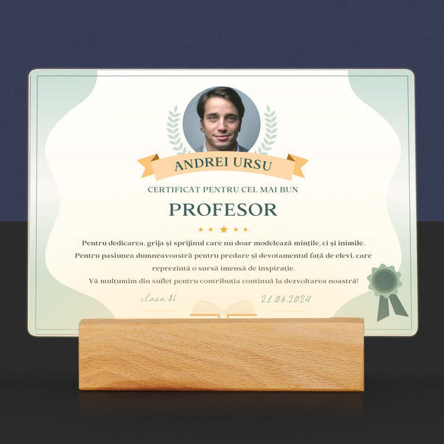 Fotografie Si Semnătură: Certificat De Recunoștință Pentru Cea Mai Bună Învățătoare - Imprimare Pe Sticlă Acrilică (Horizontală)