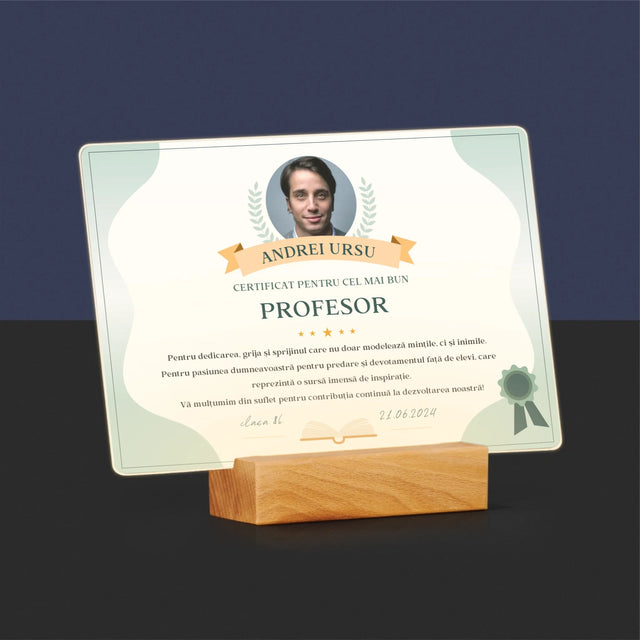 Fotografie Si Semnătură: Certificat De Recunoștință Pentru Cea Mai Bună Învățătoare - Imprimare Pe Sticlă Acrilică (Horizontală)