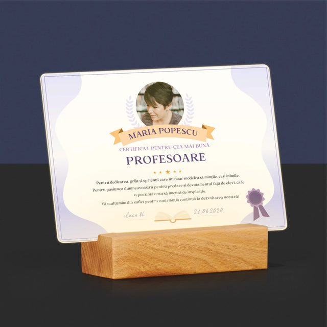 Fotografie Si Semnătură: Certificat De Recunoștință Pentru Cea Mai Bună Învățătoare - Imprimare Pe Sticlă Acrilică (Horizontală)