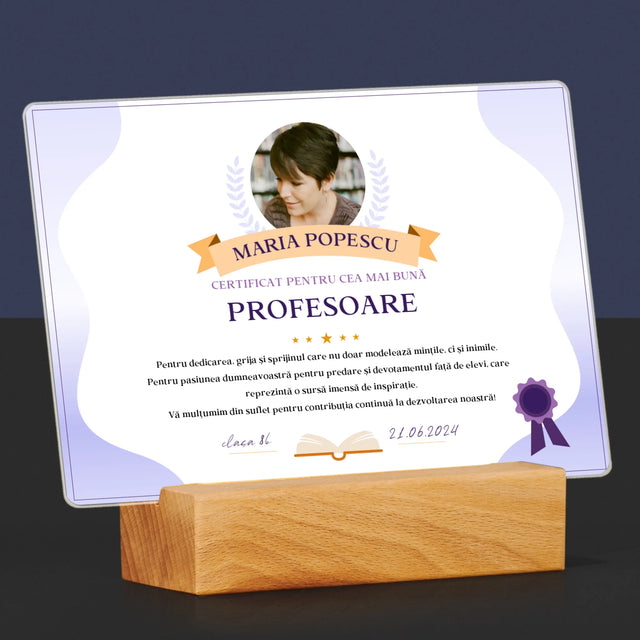 Fotografie Si Semnătură: Certificat De Recunoștință Pentru Cea Mai Bună Învățătoare - Imprimare Pe Sticlă Acrilică (Horizontală)