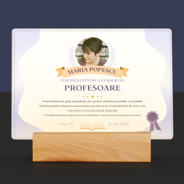 Fotografie Si Semnătură: Certificat De Recunoștință Pentru Cea Mai Bună Învățătoare - Imprimare Pe Sticlă Acrilică (Horizontală)