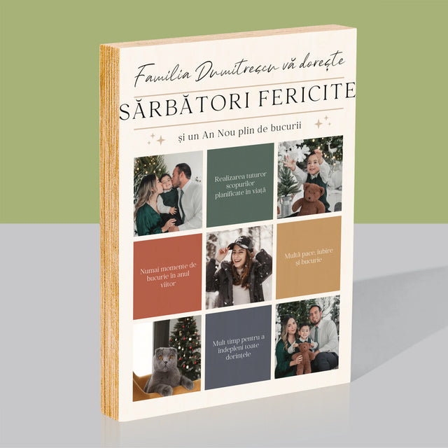 Colaj De Fotografii: Sărbători Fericite Urări - Imprimare Pe Lemn ( Verticală)