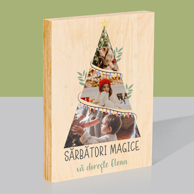 Colaj De Fotografii: Sărbători Magice Brad - Imprimare Pe Lemn ( Verticală)