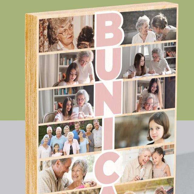 Colaj De Fotografii: Bunica - Imprimare Pe Lemn ( Verticală)