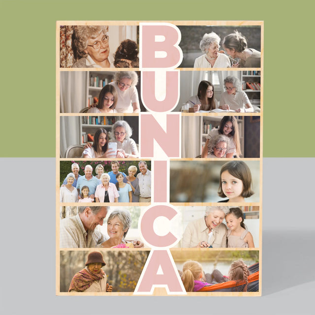 Colaj De Fotografii: Bunica - Imprimare Pe Lemn ( Verticală)