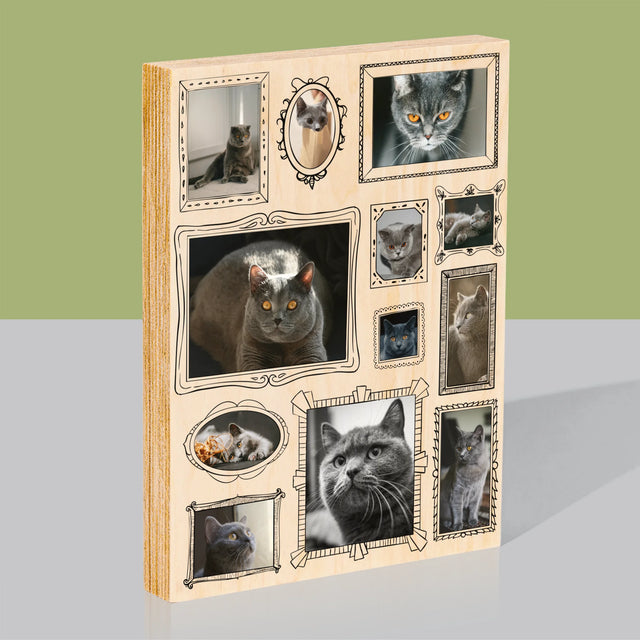 Colaj De Fotografii: Perete Galereia Cu Pisic - Imprimare Pe Lemn ( Verticală)