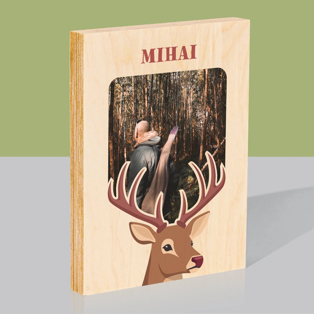 Fotografie Si Semnătură: Cerb - Imprimare Pe Lemn ( Verticală)