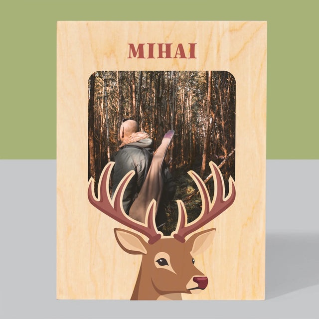 Fotografie Si Semnătură: Cerb - Imprimare Pe Lemn ( Verticală)