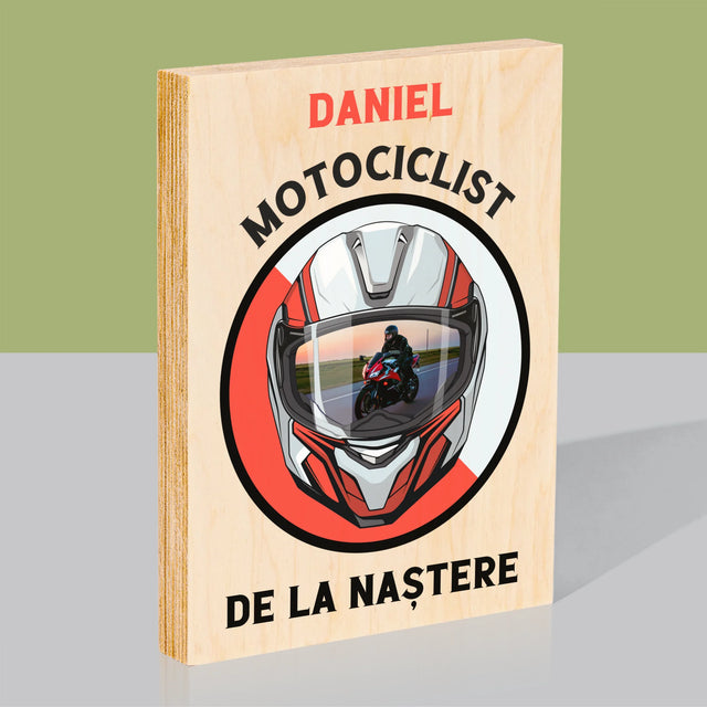 Fotografie Si Semnătură: Motociclist De La Naștere - Imprimare Pe Lemn ( Verticală)