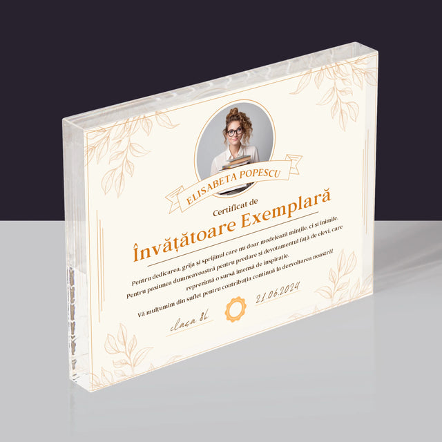 Fotografie Si Semnătură: Certificat De Învățătoare Exemplară - Bloc Acrilic