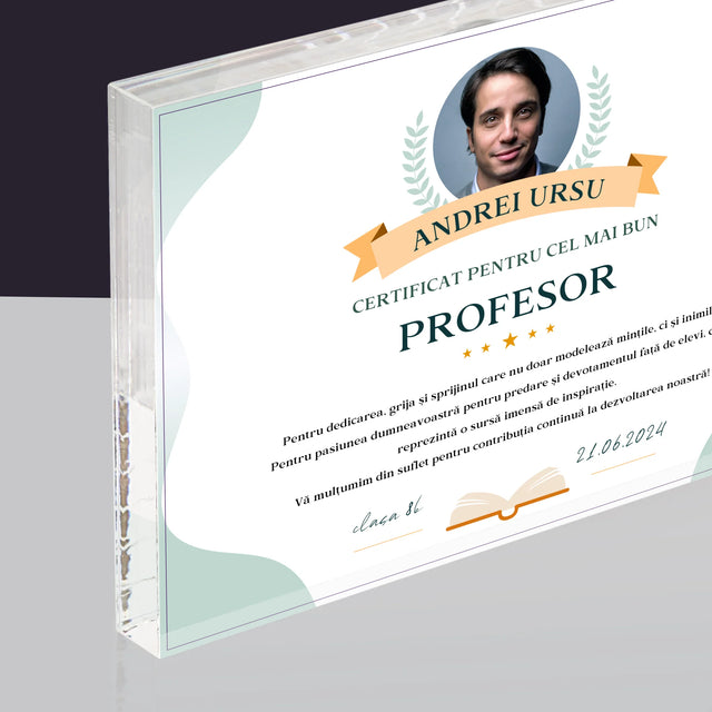 Fotografie Si Semnătură: Certificat De Recunoștință Pentru Cea Mai Bună Învățătoare - Bloc Acrilic