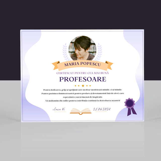 Fotografie Si Semnătură: Certificat De Recunoștință Pentru Cea Mai Bună Învățătoare - Bloc Acrilic