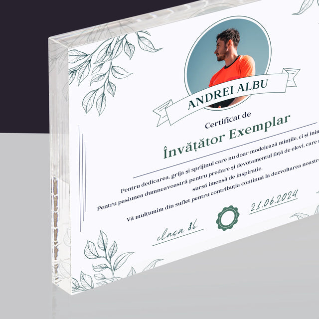 Fotografie Si Semnătură: Certificat De Învățător Exemplar - Bloc Acrilic