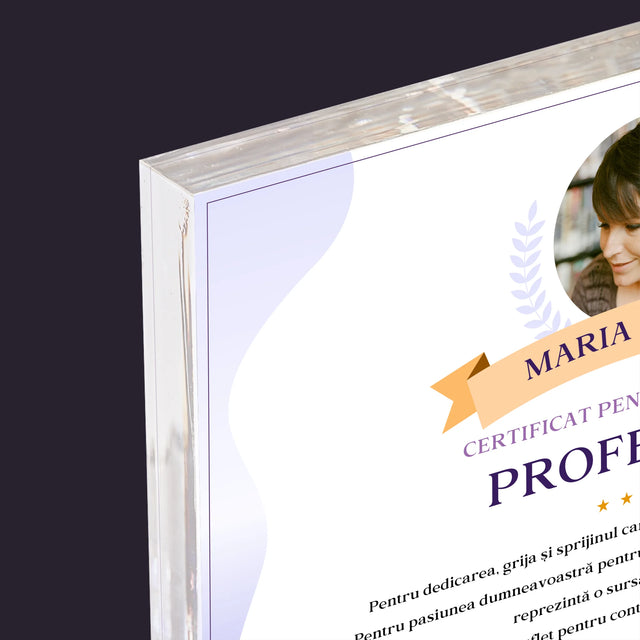 Fotografie Si Semnătură: Certificat De Recunoștință Pentru Cea Mai Bună Învățătoare - Bloc Acrilic