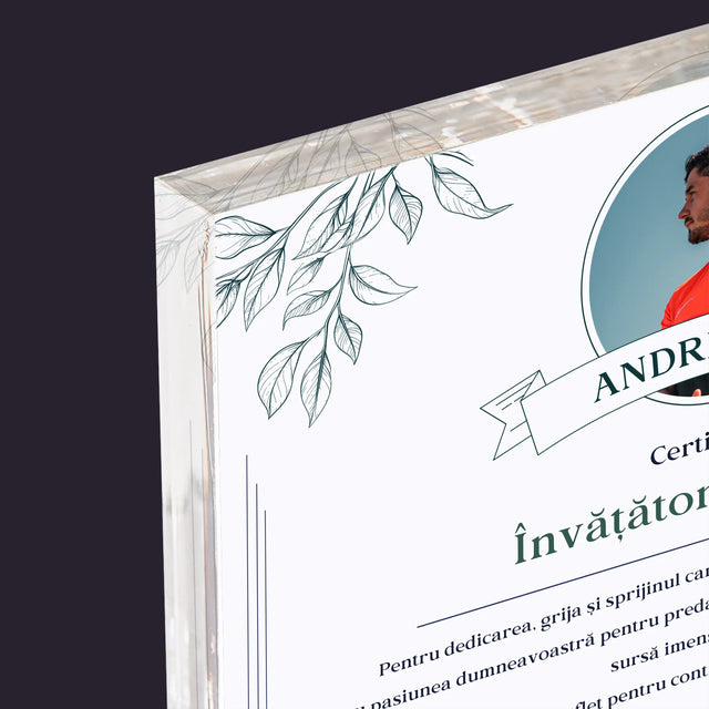 Fotografie Si Semnătură: Certificat De Învățător Exemplar - Bloc Acrilic