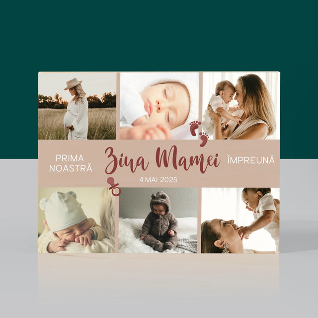 Colaj De Fotografii: Prima Noastră Zi A Mamei - Imprimare Pe Lemn (Horizontală)