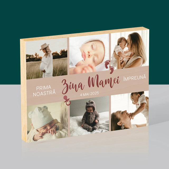Colaj De Fotografii: Prima Noastră Zi A Mamei - Imprimare Pe Lemn (Horizontală)
