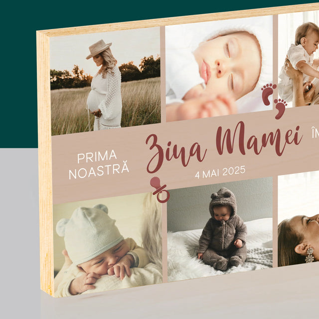 Colaj De Fotografii: Prima Noastră Zi A Mamei - Imprimare Pe Lemn (Horizontală)