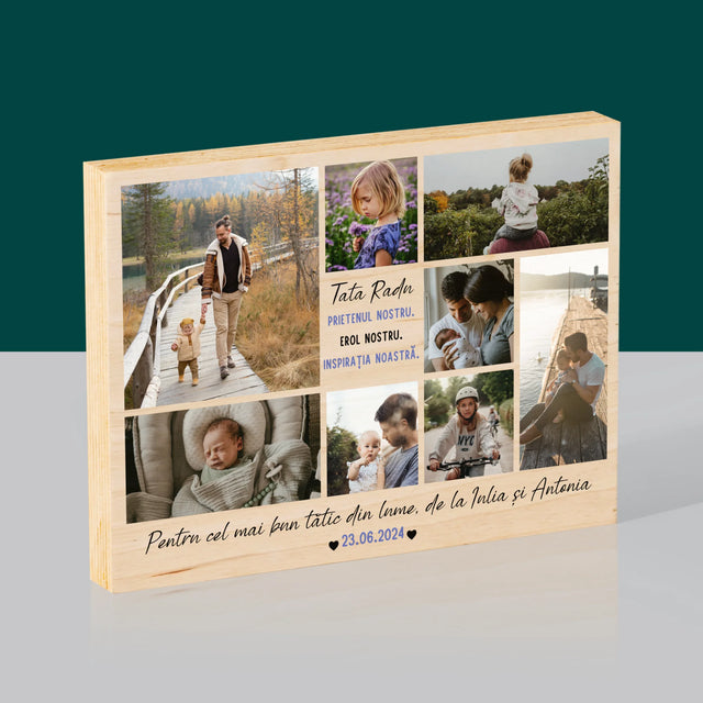 Colaj De Fotografii: Tată Prieten - Imprimare Pe Lemn (Horizontală)