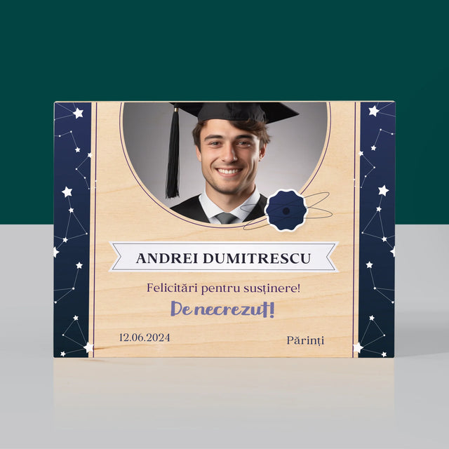 Fotografie Si Semnătură: Felicitări Pentru Susținerea Cu Succes A Tezei - Imprimare Pe Lemn (Horizontală)